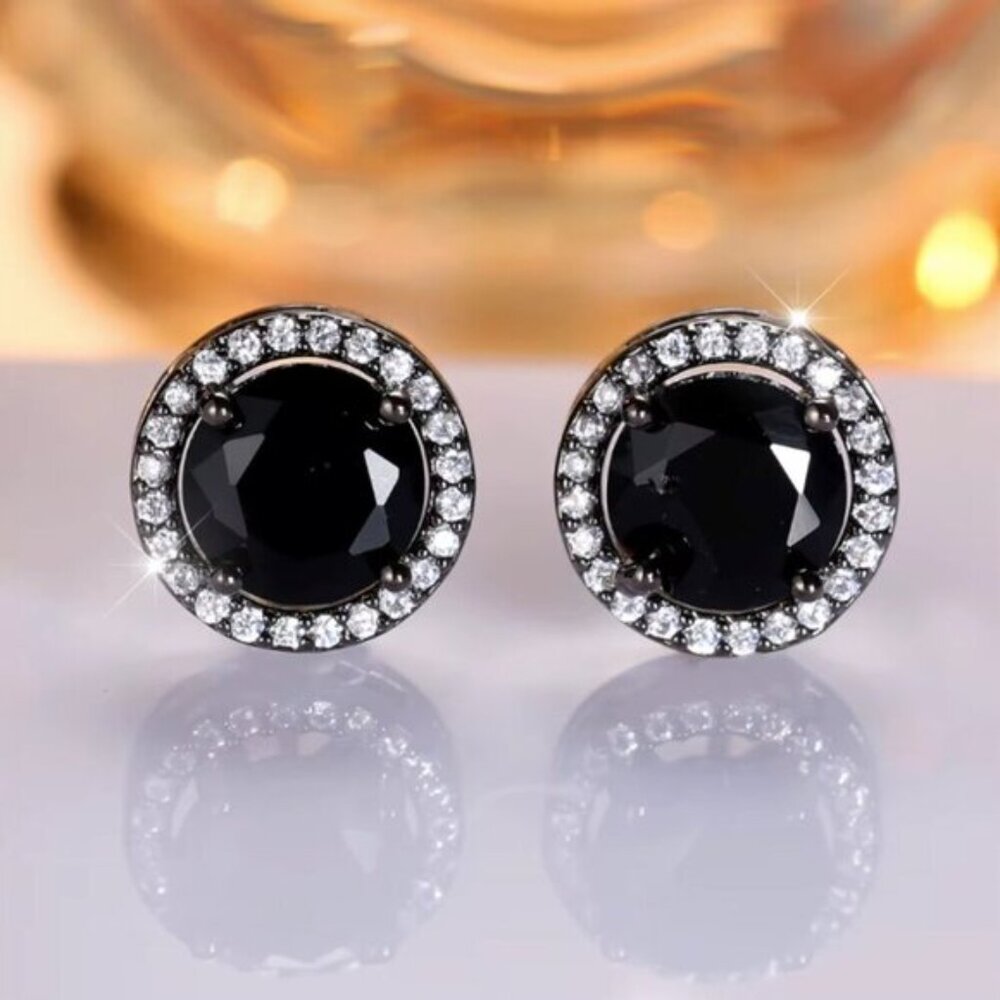 NEW 14k Black Gold Black Sapphire Diamond Stud Earrings Round Cut - Picture 6 of 6